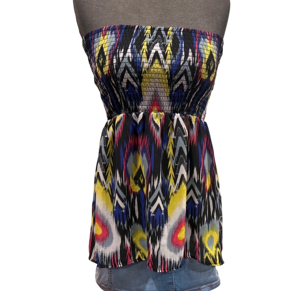 No Boundaries Womens Smocked Ikat Print Tube Top Strapless Boho Peplum Small 3-5